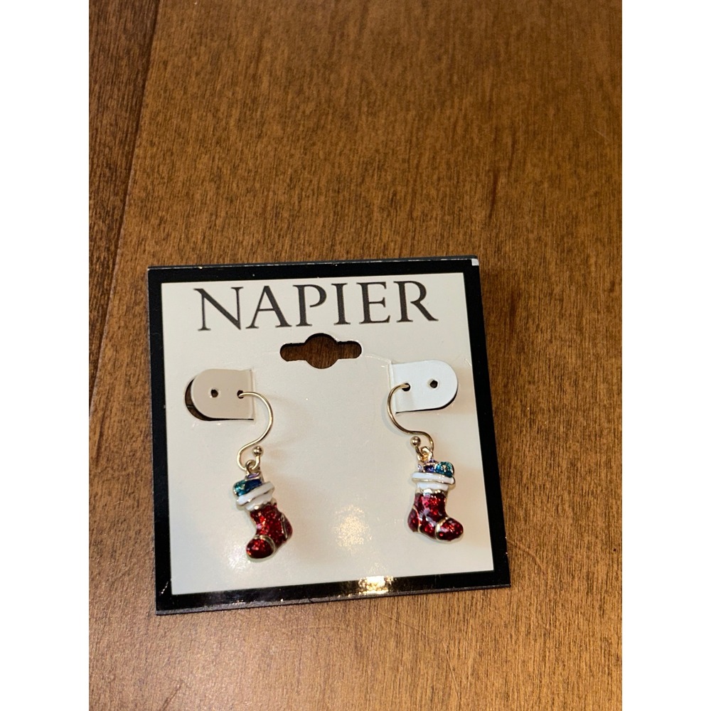 Napier Christmas Stocking Drop Earrings Gold Tone Red Glitter Holiday Jewelry